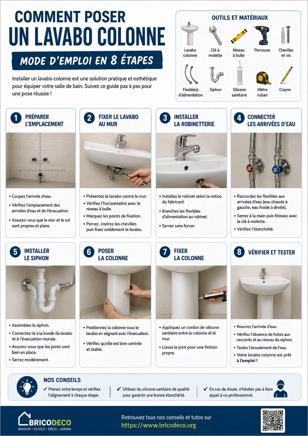 Comment poser un lavabo colonne - mode d'emploi en 8 étapes - infographie
